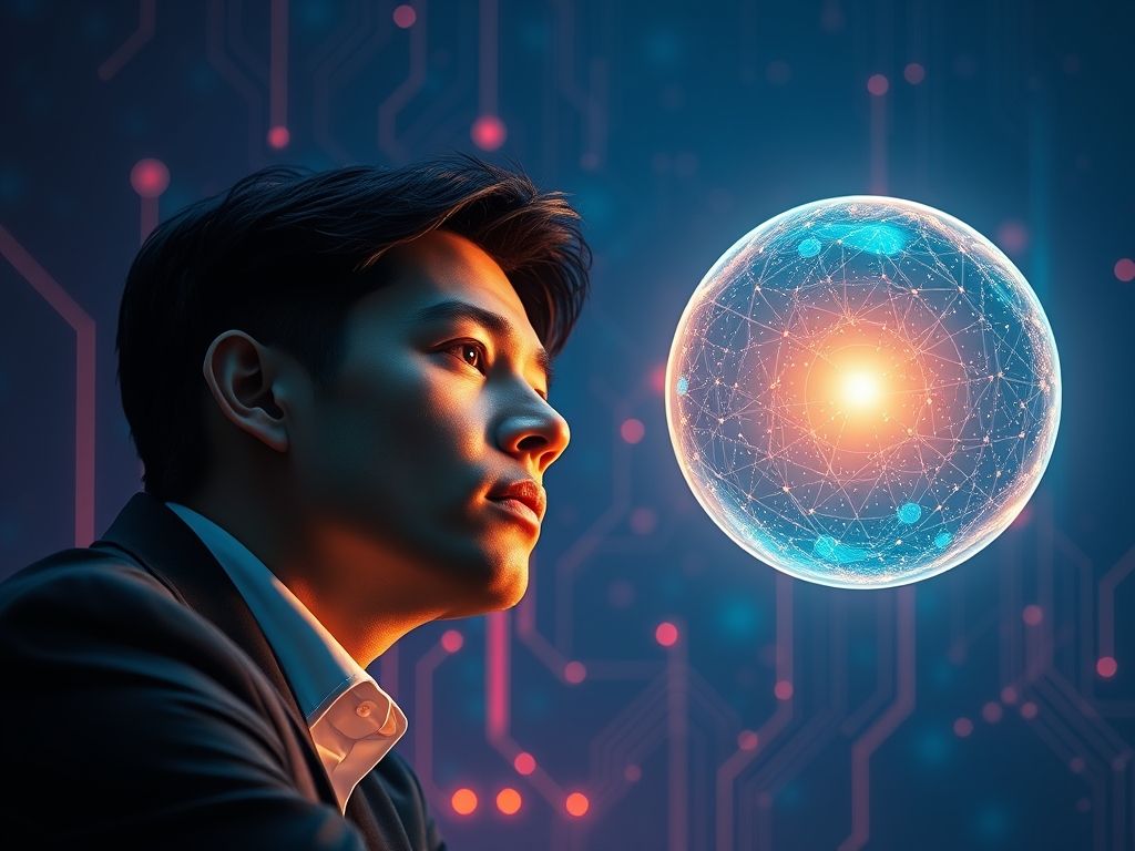 Representação estilizada de uma pessoa interagindo com um modelo de linguagem de IA, enfatizando a importância de fazer as perguntas certas.