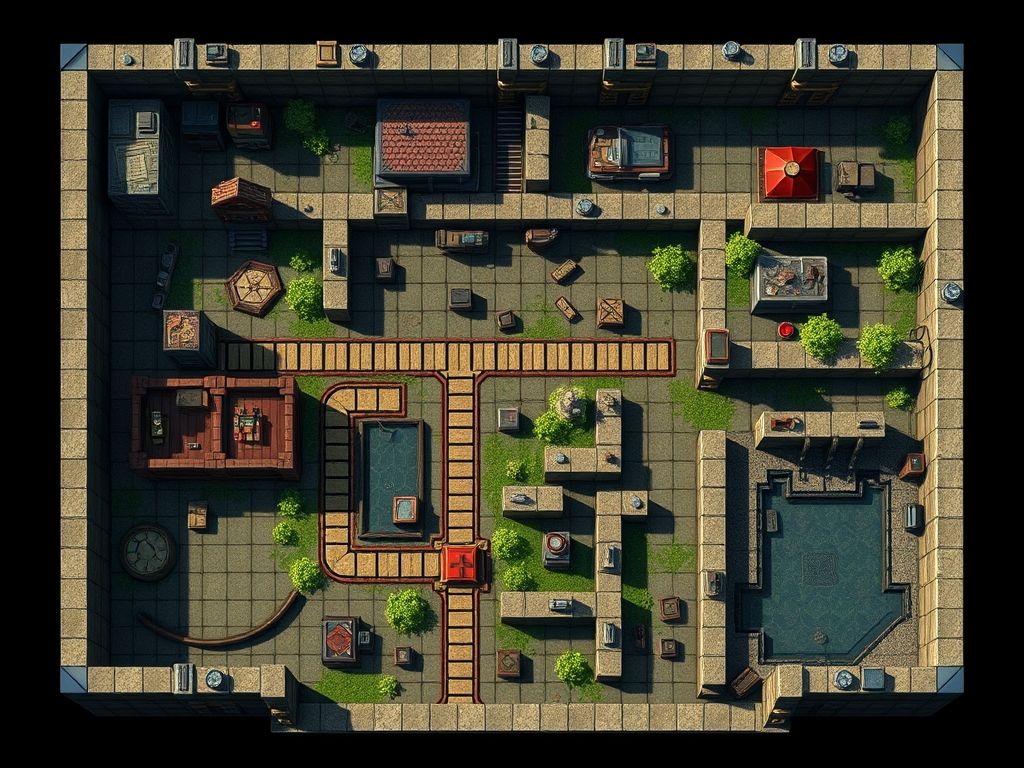 Visão isométrica de um nível de videogame bem projetado, mostrando caminhos interconectados, obstáculos estratégicos e áreas visualmente distintas.