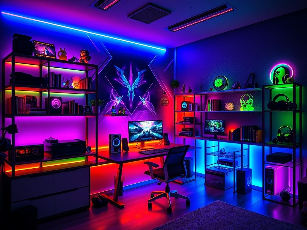 Iluminação RGB em um quarto gamer, destacando a mesa, prateleiras e monitor com cores vibrantes e personalizáveis.