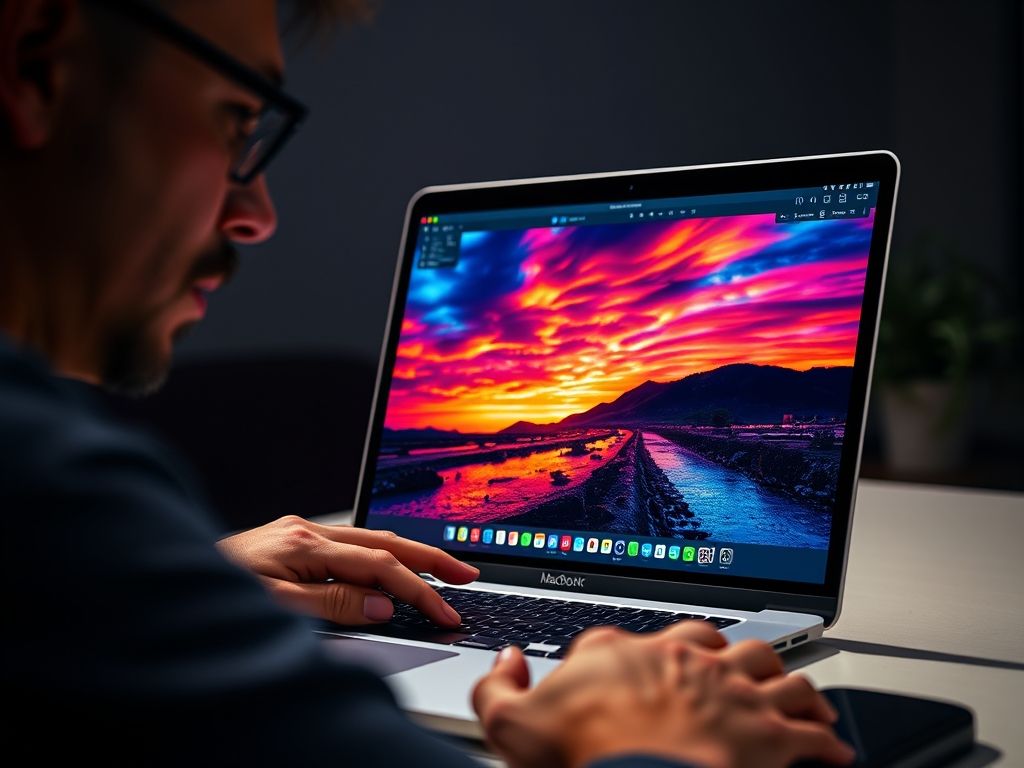 Tela Liquid Retina XDR do MacBook Pro M4 Max exibindo edição de foto profissional.