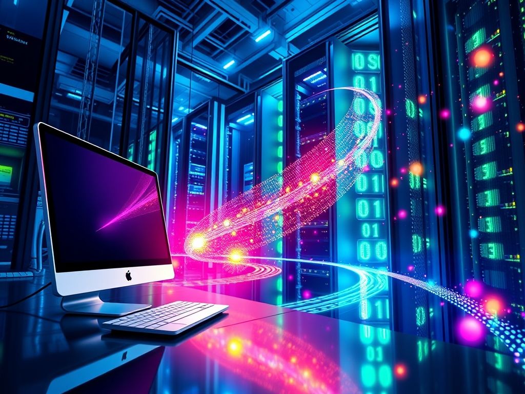 Ilustração de dados fluindo de um computador para um servidor, representando a hospedagem de um site.