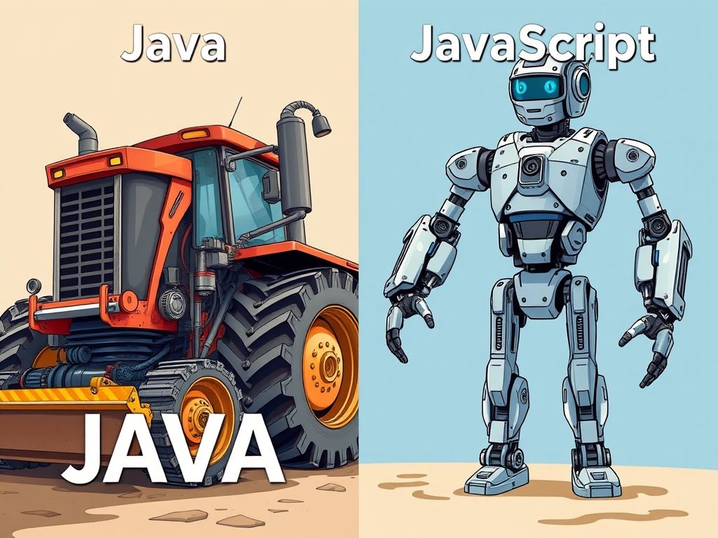 Comparação visual entre Java (trator) e Javascript (moto) para ilustrar suas diferenças e aplicações.