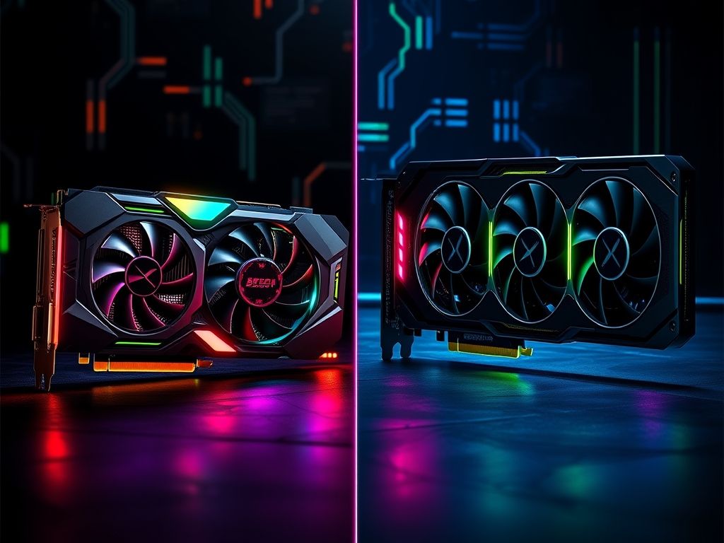 Comparativo visual entre uma placa de vídeo NVIDIA GeForce RTX 4090 (ou AMD Radeon RX 7900 XTX) para jogos e uma NVIDIA Quadro (ou AMD Radeon Pro) para workstation.