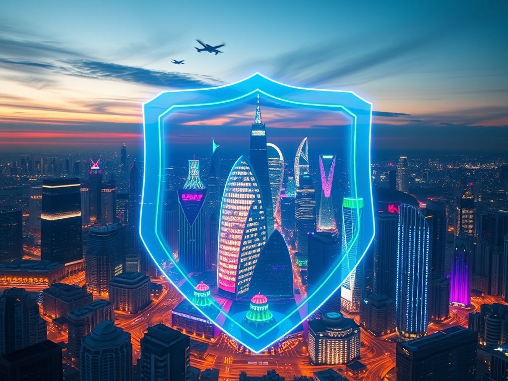 Uma metáfora visual de um escudo multicamadas protegendo uma cidade futurista, simbolizando a governança ética da IA.