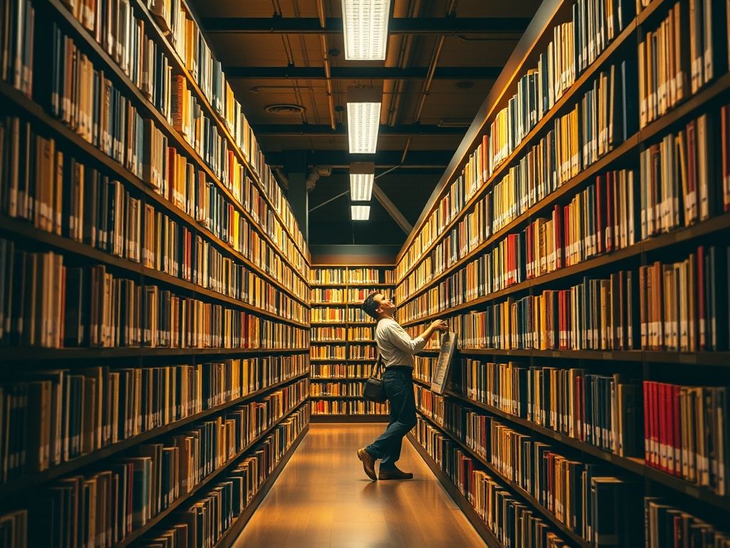 Metáfora visual de indexação de banco de dados: bibliotecário encontrando livro rapidamente.