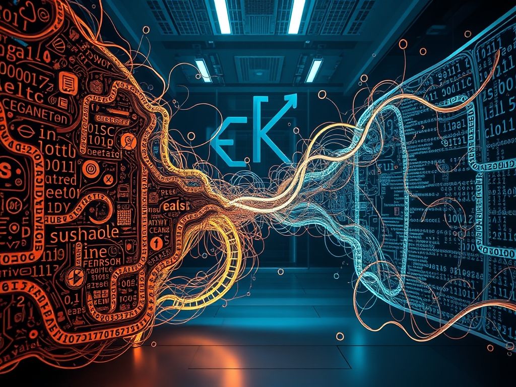 Metáfora visual mostrando o Keras como um tradutor entre código complexo e linguagem de programação simples e compreensível.