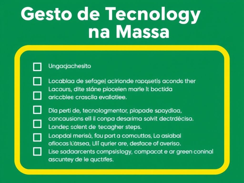 Representação visual de uma lista de verificação com o título 'Gestão de Tecnologia: Mão na Massa'. A lista deve conter itens relacionados às etapas descritas no texto (Diagnóstico, Planejamento, Escolha de Ferramentas, Implementação, Monitoramento).