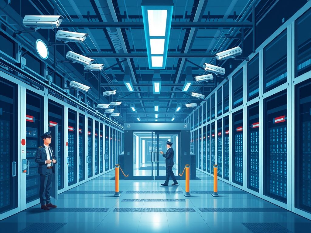 Ilustração da segurança física e digital de um data center.