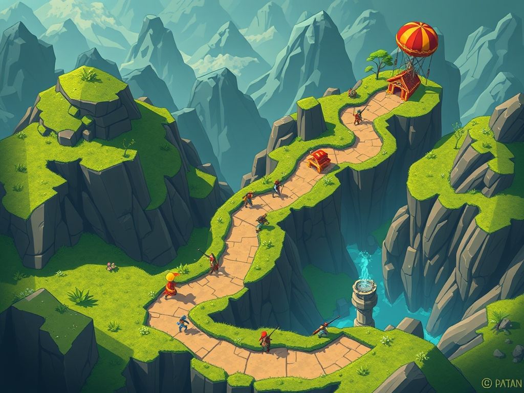 Representação visual do fluxo de um nível de jogo, mostrando um caminho sinuoso com diferentes níveis de elevação e obstáculos.