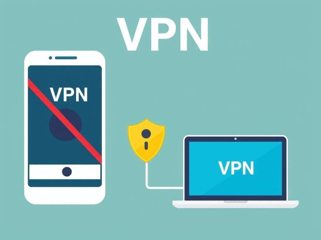 Imagem ilustrando um túnel VPN protegendo a conexão de um celular e laptop à internet.
