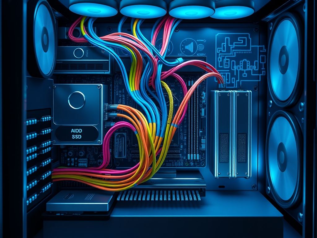 Representação visual de uma configuração RAID com múltiplos discos rígidos (HDDs) ou SSDs trabalhando em conjunto.