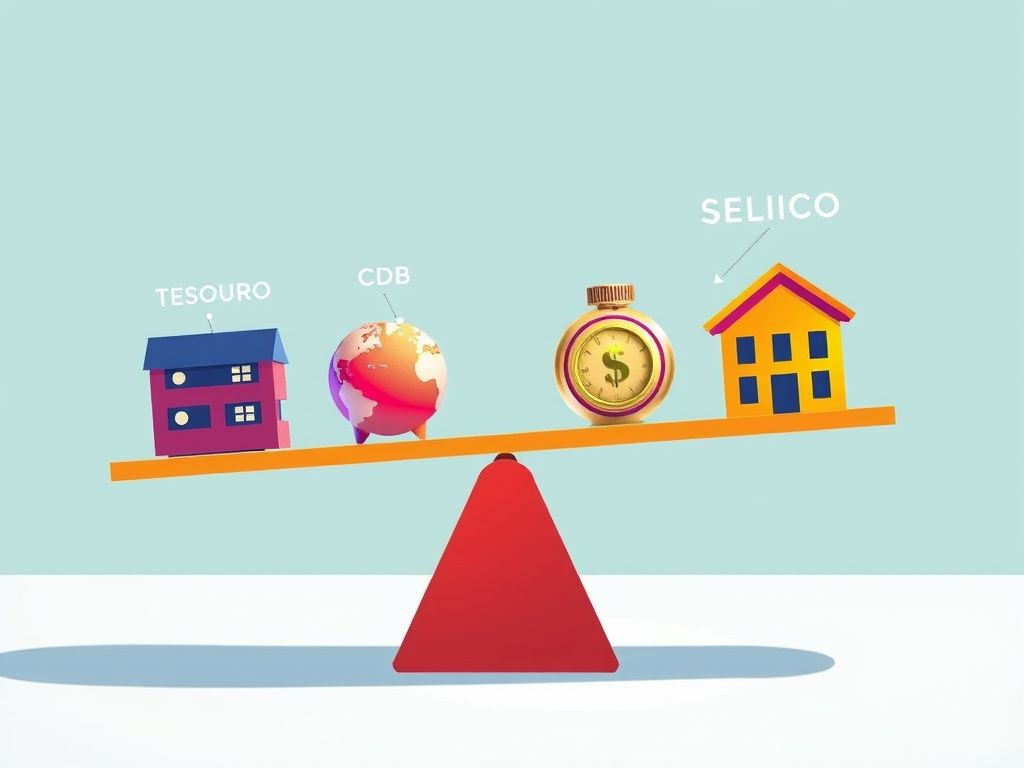 Representação visual de diferentes opções de investimento (Tesouro Selic, CDB, Poupança, Bolsa de Valores) em uma gangorra, com a taxa Selic influenciando o equilíbrio.