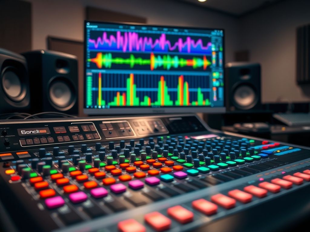 Representação visual da mixagem de som, mostrando um console de mixagem e faixas de áudio em um computador, enfatizando o equilíbrio entre frequências e decibéis para a qualidade sonora ideal.