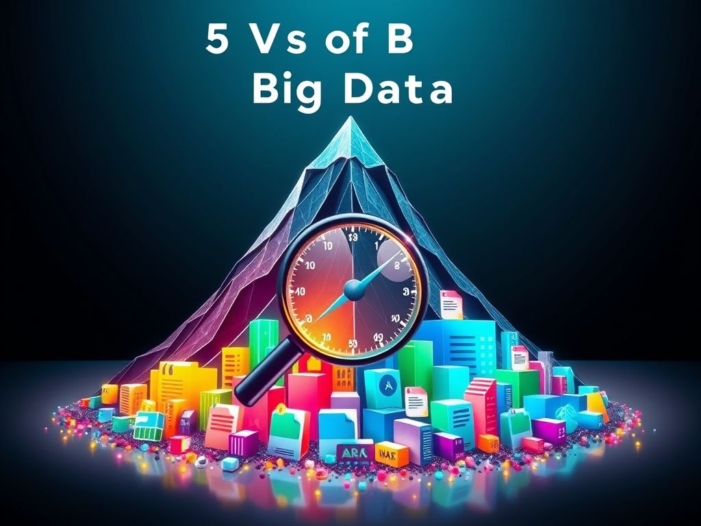 Representação visual dos 5 V's do Big Data: Volume, Velocidade, Variedade, Veracidade e Valor.