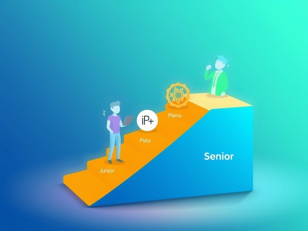 Ilustração dos níveis de um engenheiro de software: Júnior, Pleno e Sênior.