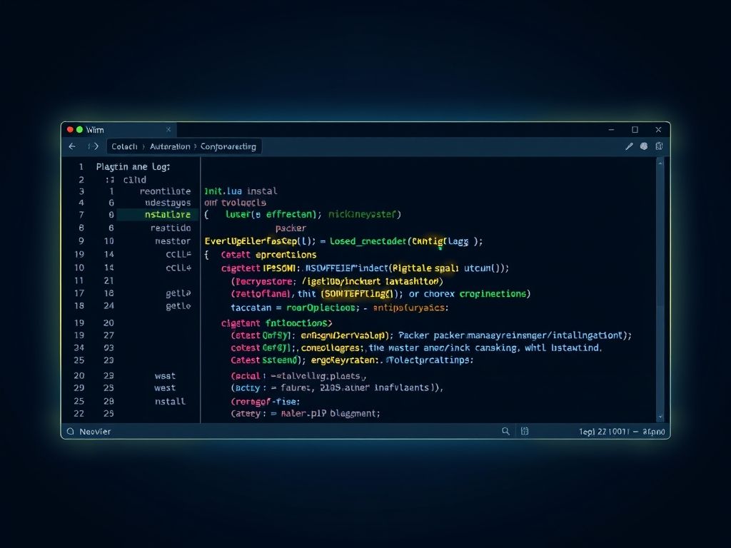 Representação visual do gerenciador de plugins Packer no Neovim, mostrando a configuração no arquivo init.lua.