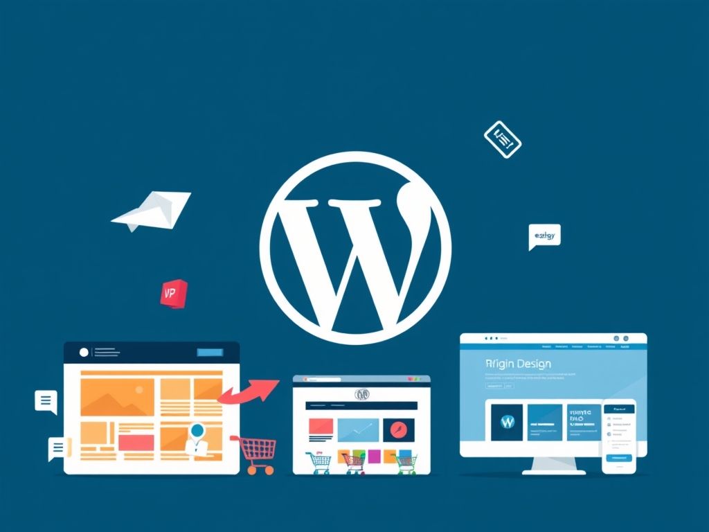 Ilustração da versatilidade do WordPress, mostrando o logo se transformando em diferentes tipos de sites.