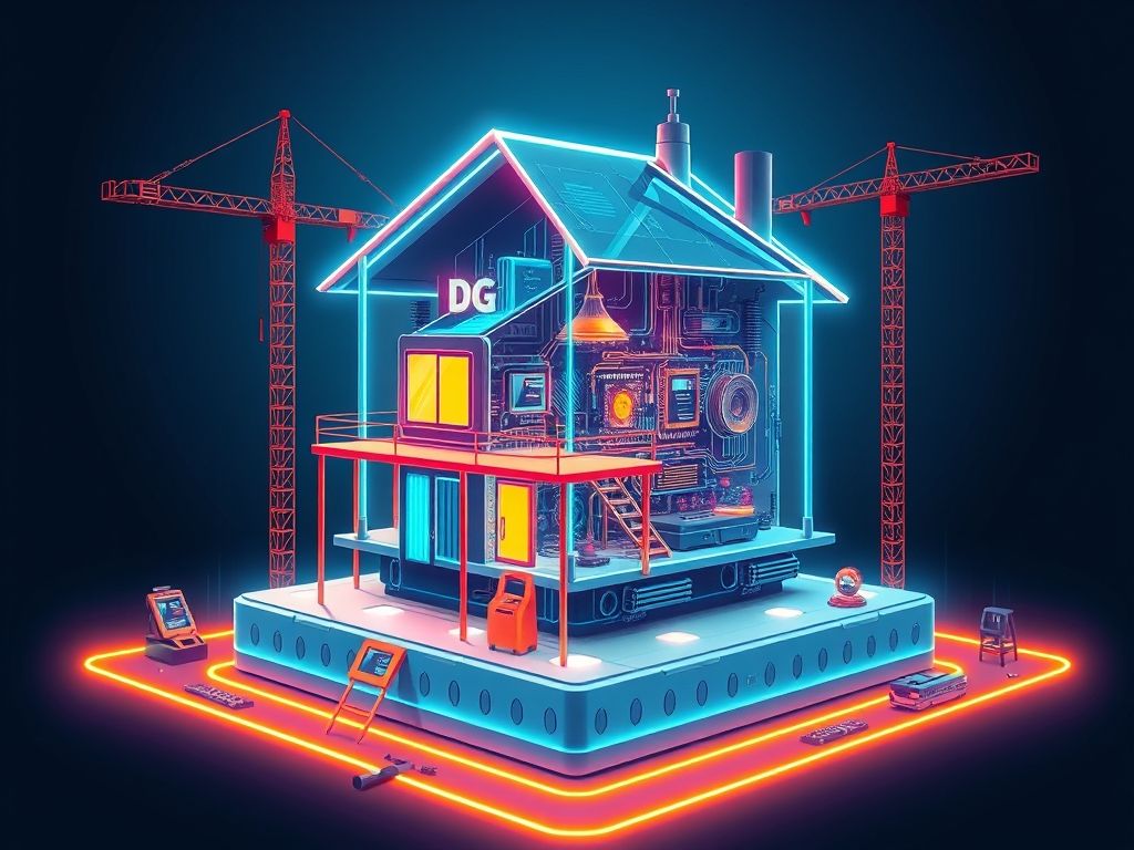 Ilustração de uma casa digital sendo construída sobre uma base sólida, representando um blog com hospedagem confiável.