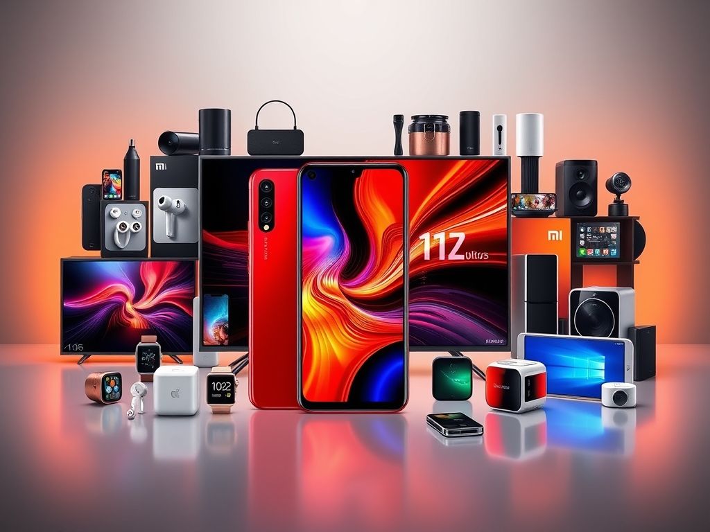 Diversos produtos do ecossistema Xiaomi: smartphone, smart TV e smartwatch.