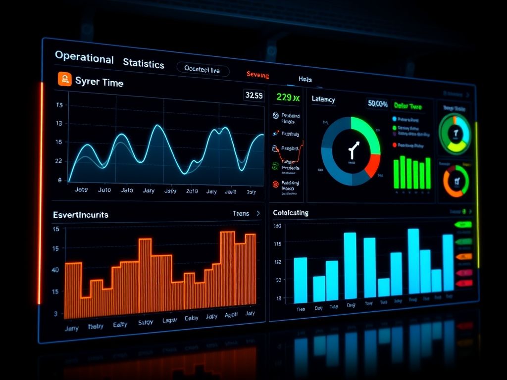 Um painel de controle com gráficos e métricas de desempenho, representando o monitoramento de infraestrutura com ferramentas como Datadog ou New Relic.