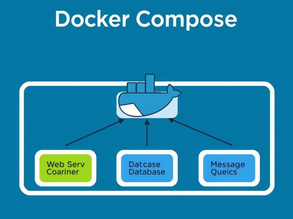 Diagrama ilustrando o Docker Compose orquestrando containers Docker, incluindo um servidor web, banco de dados e fila de mensagens.