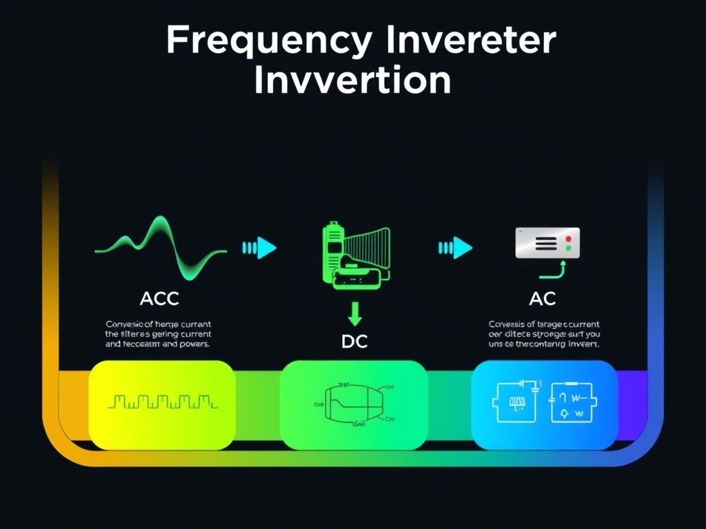 Diagrama ilustrando as três fases de operação de um inversor de frequência: conversão CA para CC, filtragem e armazenamento de CC e conversão CC para CA.