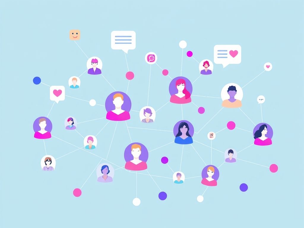 Gráfico mostrando uma rede social com perfis interconectados e depoimentos positivos, representando o poder das redes sociais no marketing boca a boca.