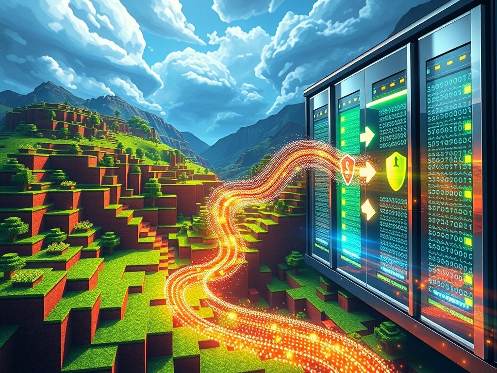 Melhor VPS Para Servidor de Minecraft Sem Lag Ilustração do processo de backup de um servidor de Minecraft, mostrando a cópia dos dados para um armazenamento seguro na nuvem.