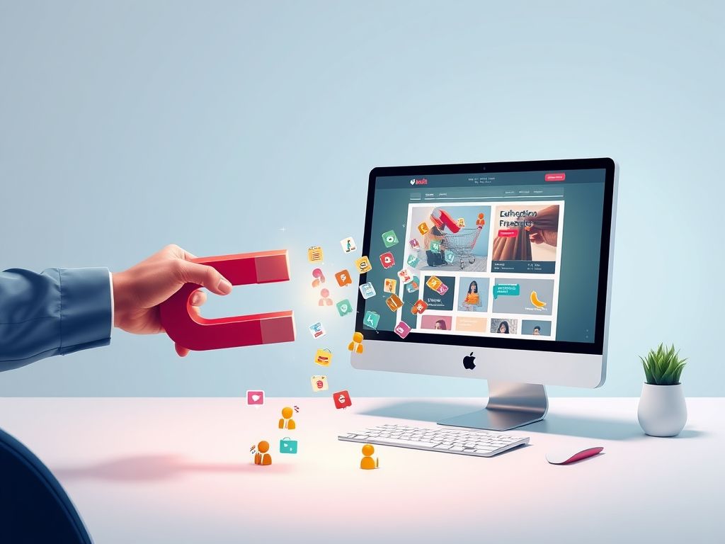 Ímã atraindo potenciais clientes para um site através de conteúdo de valor.