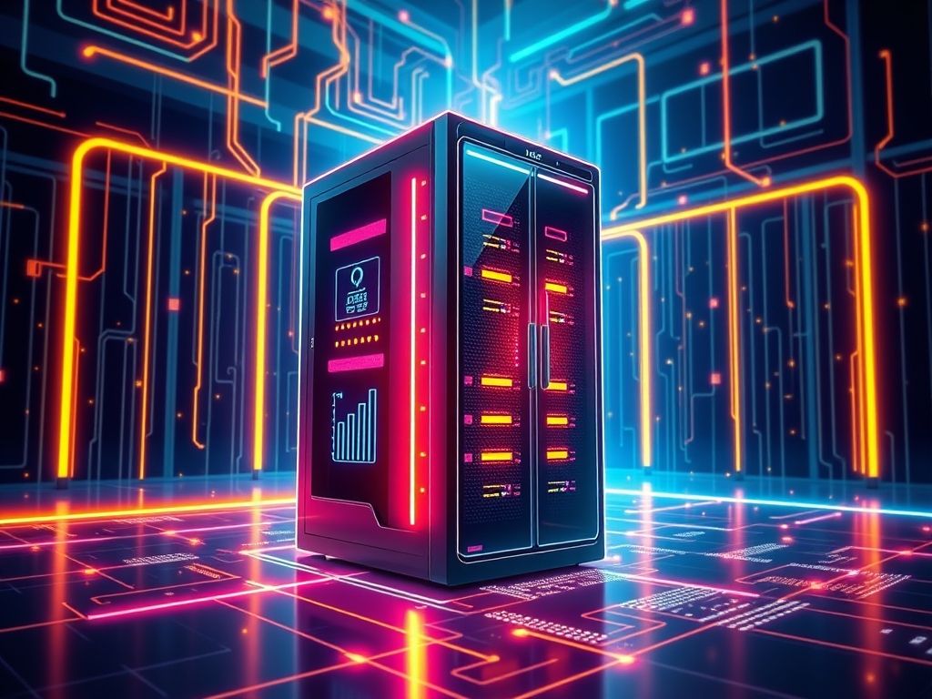 Servidor de hospedagem com um carrinho de compras, representando a hospedagem de uma loja virtual.