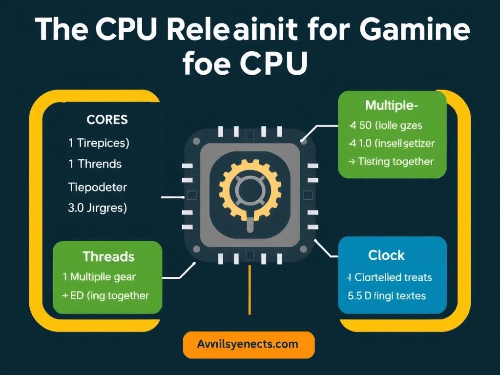 Infográfico mostrando as principais especificações de um processador para jogos: núcleos, threads, frequência e cache.