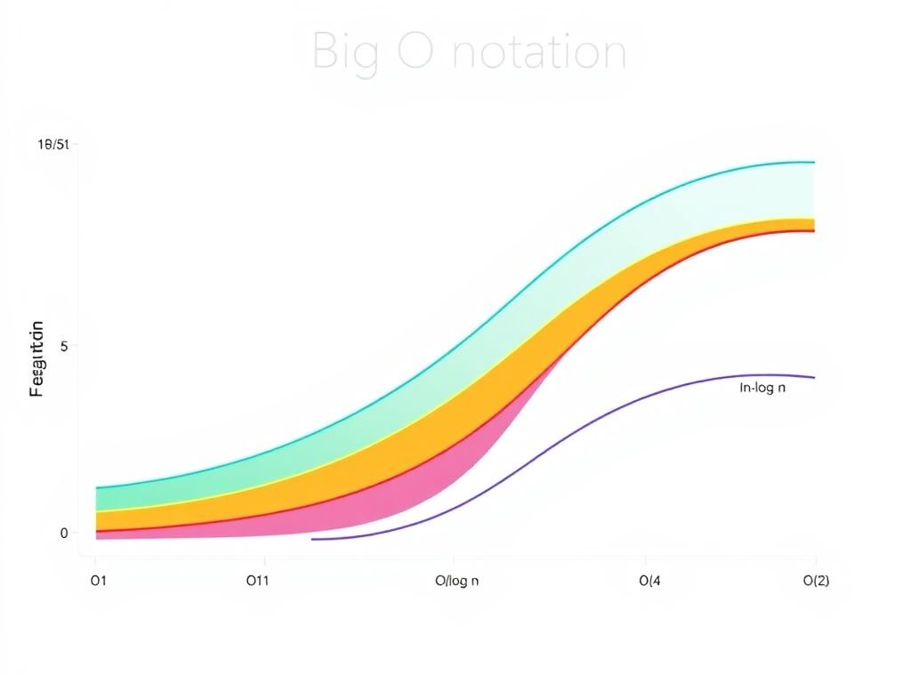 Infográfico explicando a notação Big O, mostrando diferentes curvas de complexidade e suas implicações na eficiência de algoritmos.