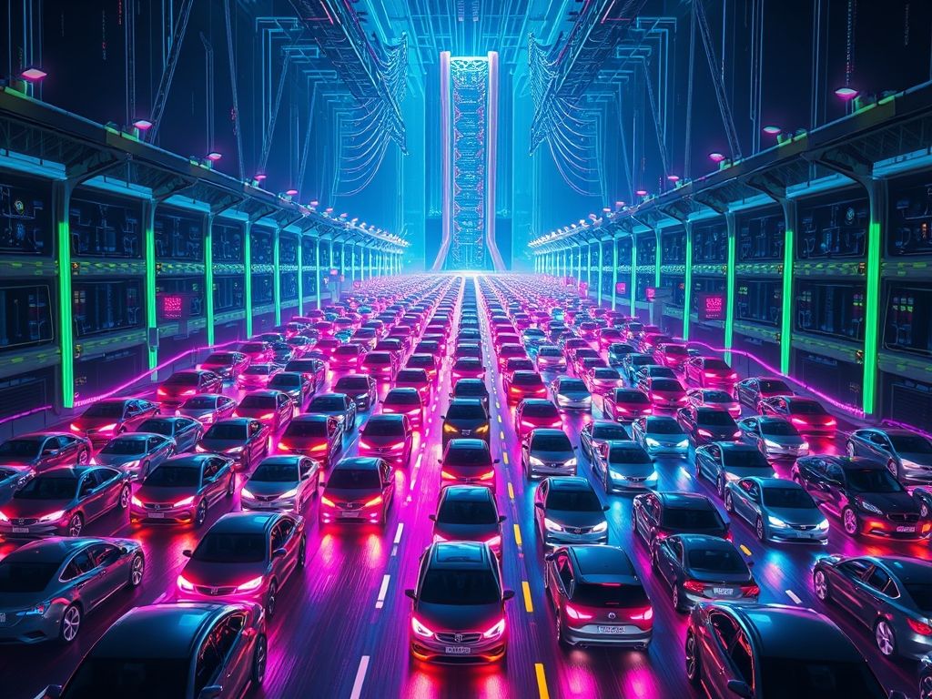 Ilustração de um engarrafamento gigante em uma rodovia digital, simbolizando um ataque DDoS impedindo o acesso a um servidor.