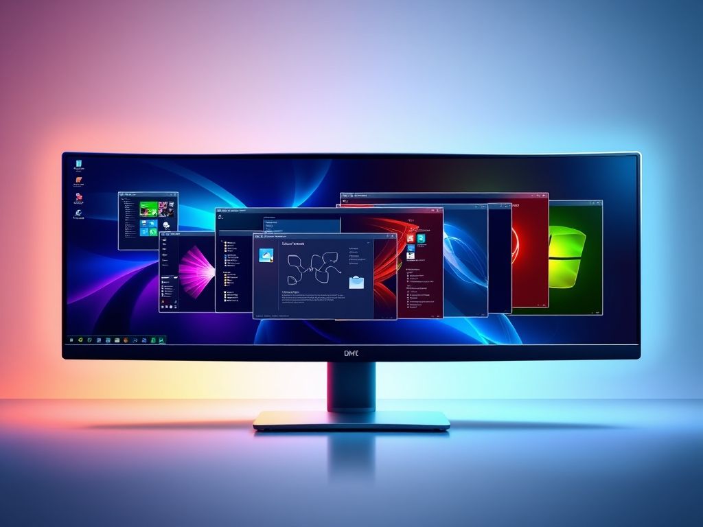 Ilustração de uma tela de computador mostrando múltiplos sistemas operacionais rodando simultaneamente em janelas, representando máquinas virtuais.