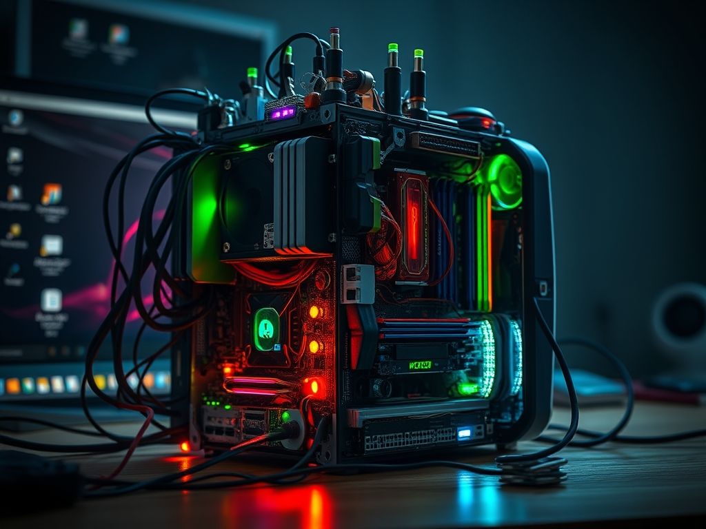 Um computador Hackintosh montado com componentes de diferentes marcas, rodando o macOS.