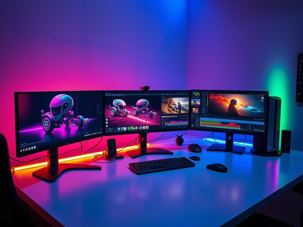 Uma estação de trabalho de alta performance realizando renderização 3D, com múltiplos monitores exibindo designs complexos.