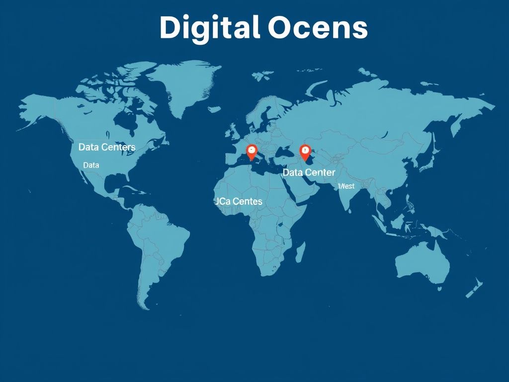 Mapa mundial destacando a localização dos data centers da DigitalOcean.