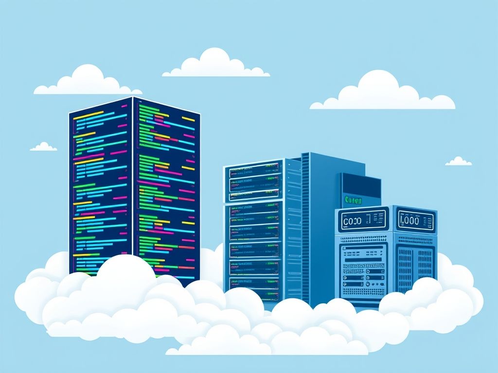 Ilustração abstrata representando Infraestrutura como Código, com blocos de código se transformando em infraestrutura física na nuvem.
