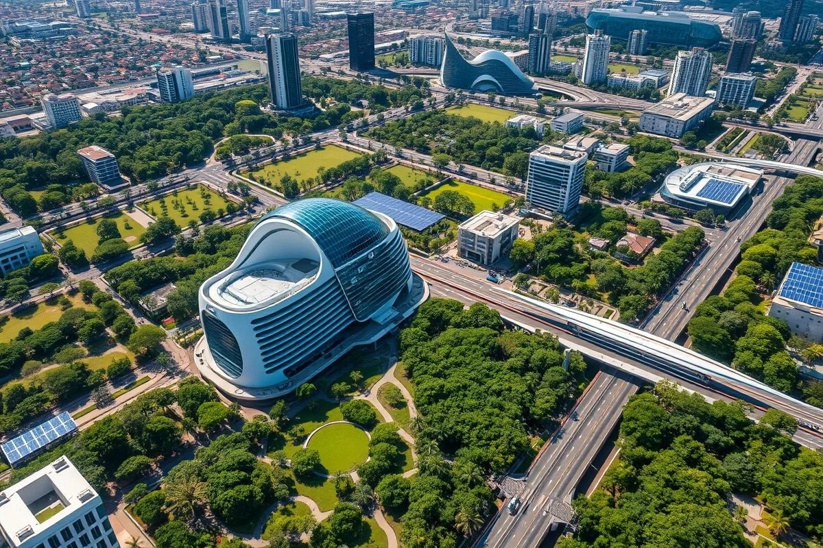 Visão aérea de smart city brasileira com prédios conectados e energia solar