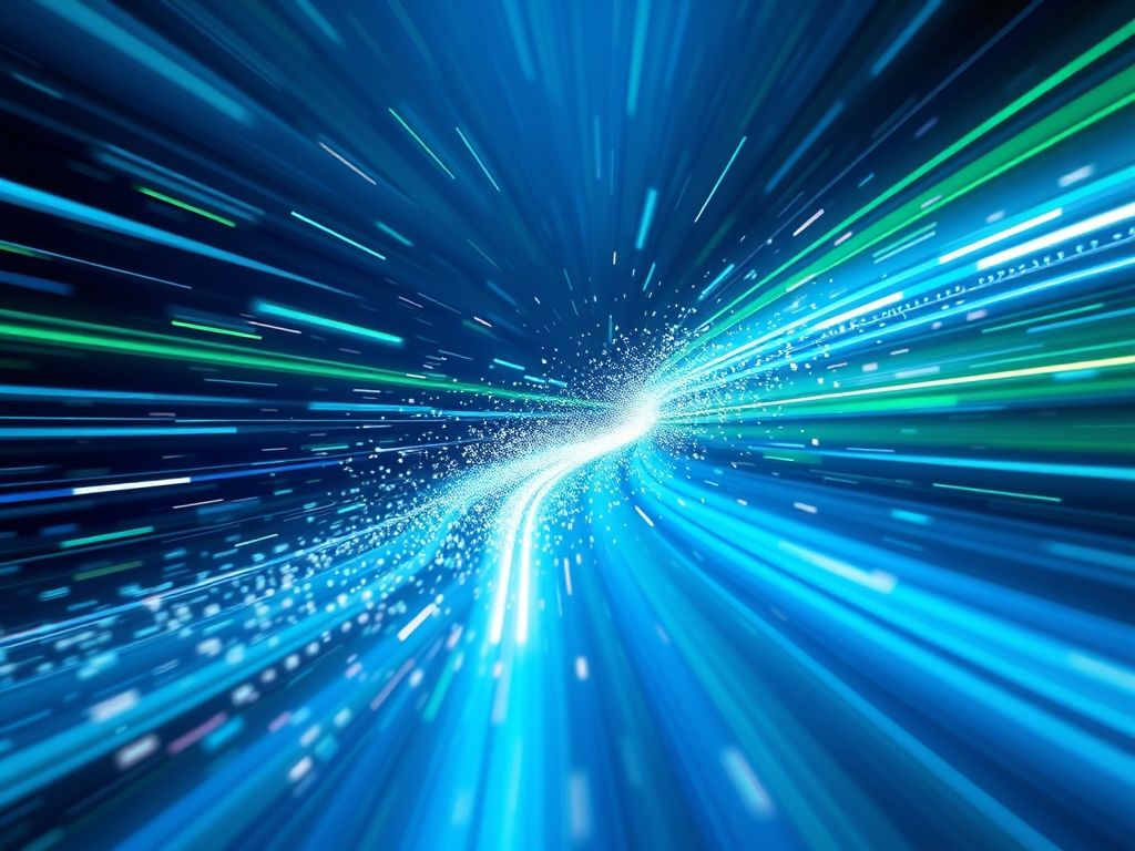 Representação visual abstrata da velocidade e performance de um site, com dados fluindo rapidamente.