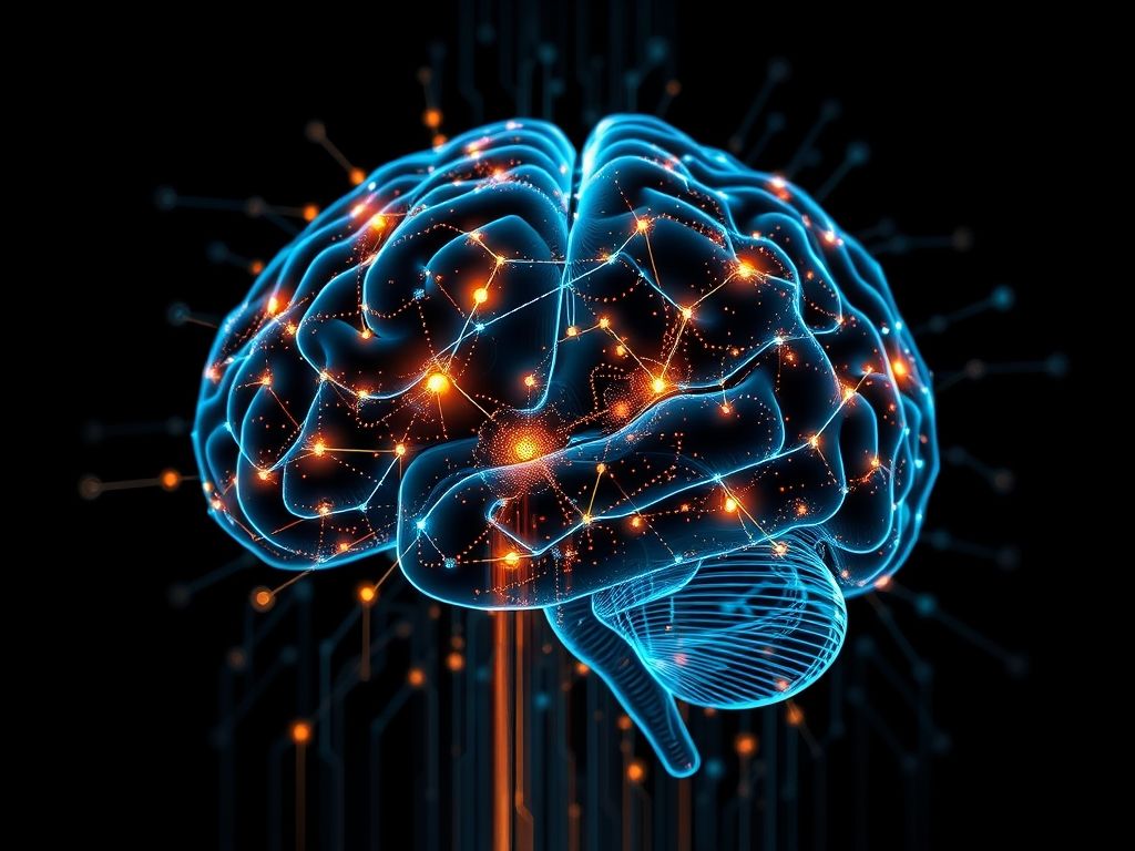 Uma representação abstrata de um cérebro feito de circuitos e fluxos de dados, destacando o poder analítico da IA.