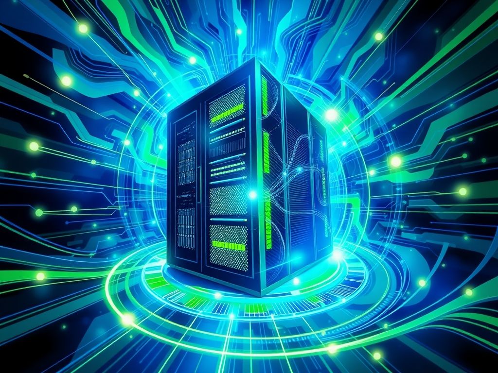 Ilustração abstrata de um servidor em operação.