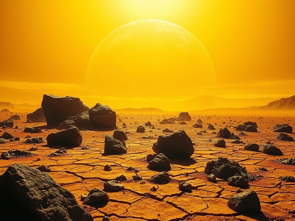 Representação artística da superfície de Vênus, mostrando uma paisagem desolada e extremamente quente sob uma atmosfera densa.