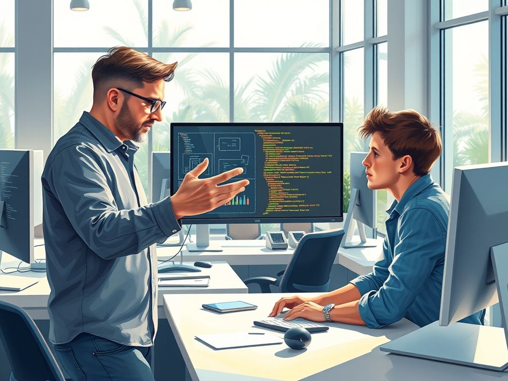 Um engenheiro de software sênior mentorando um engenheiro júnior.