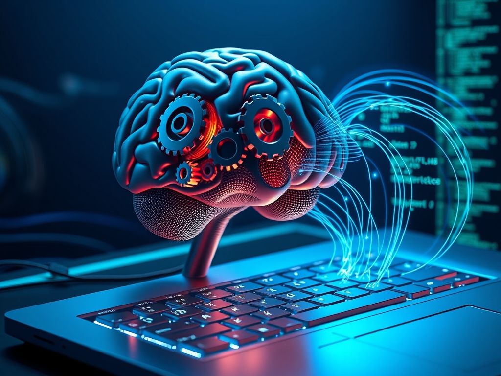 Ilustração de um cérebro conectado a um teclado, representando o processo de resolução de problemas e codificação.