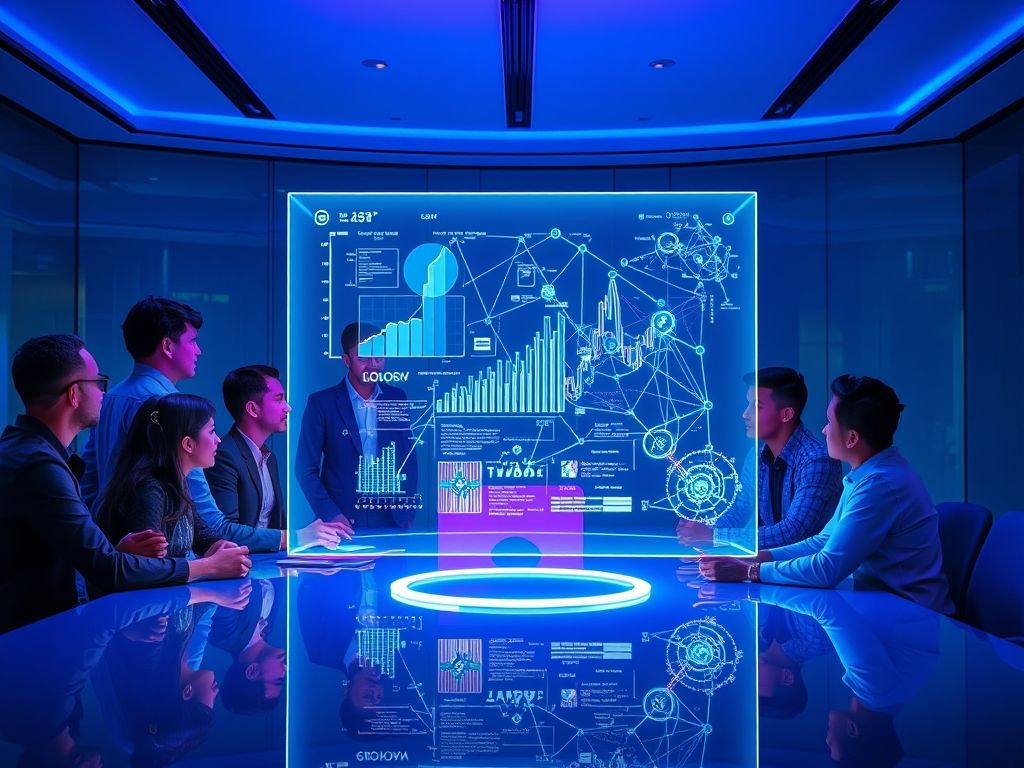 Equipe colaborando em torno de um display holográfico com análise de dados em tempo real fornecida por uma plataforma IA.