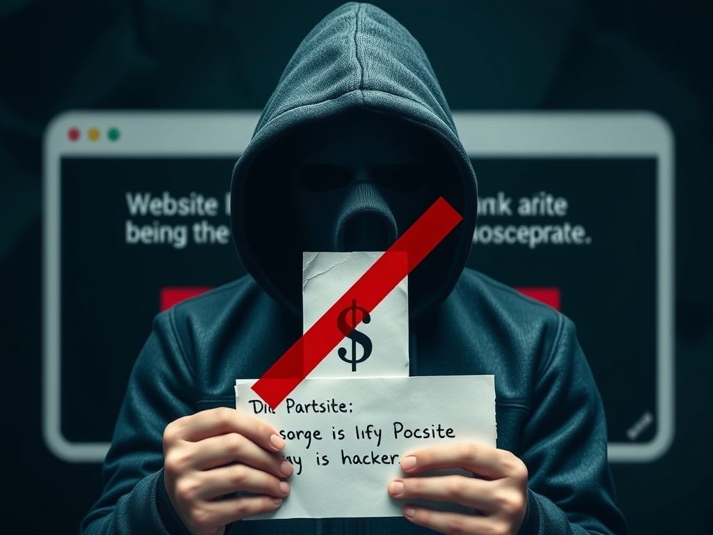 Imagem de um hacker com um bilhete de resgate, simbolizando a extorsão digital em um ataque DDoS.