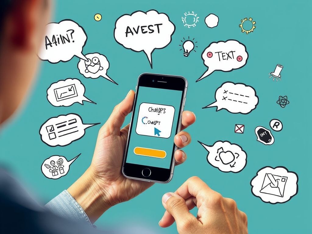 Pessoa usando o ChatGPT no celular para brainstorming, com balões de pensamento repletos de ideias criativas.