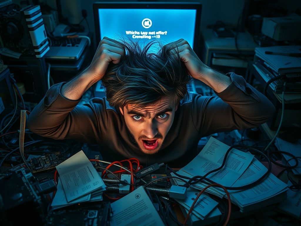 Uma pessoa frustrada tentando resolver um problema em seu Hackintosh, com uma tela de erro do macOS.