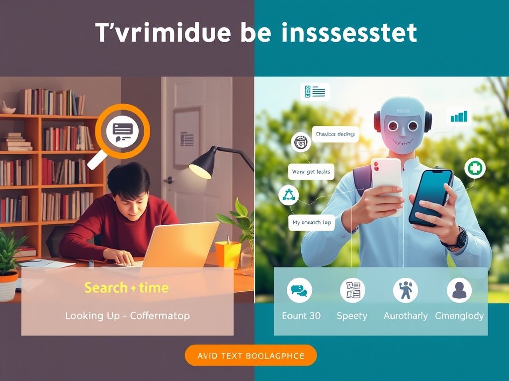 Infográfico comparando a pesquisa tradicional com a rapidez e conveniência do ChatGPT no celular.